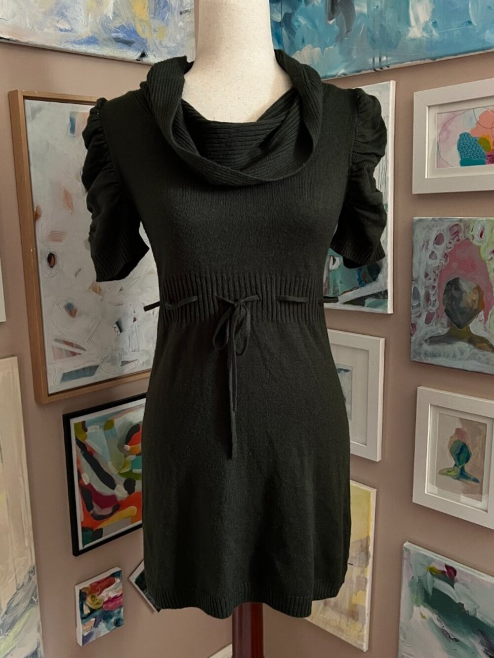Y2K Takeout Dark Green Knit Cowl Neck Tie Waist Dress Cozy Twee Mall Core Sz M